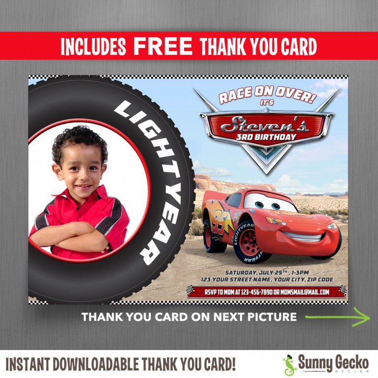 Cars Lightning McQueen 7x5 in. Birthday Party Invitation with FREE editable Thank you Card